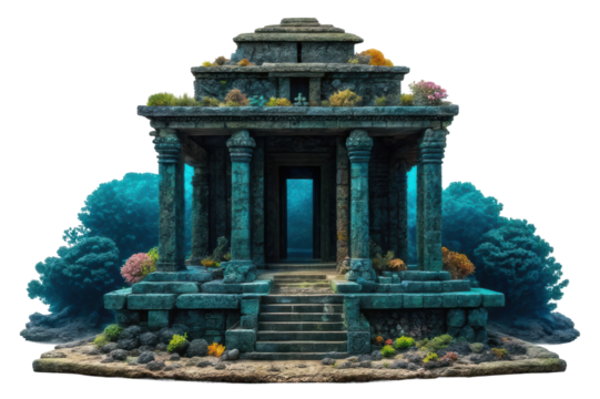 Ancient underwater temple surrounded by coral and marine life for adventure and exploration themes