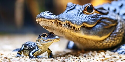 Fototapeta premium baby alligator with adult 