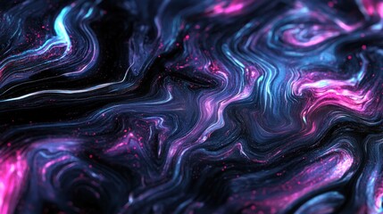 Obraz premium Abstract Neon Liquid Swirls: A mesmerizing digital artwork featuring vibrant neon pink and blue hues swirling in a dark background, creating a captivating and ethereal visual experience.