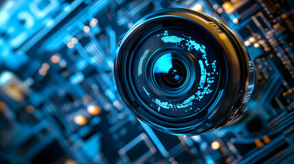 Fototapeta premium Blue-Toned Close-Up of Digital Camera Lens on Circuit Board