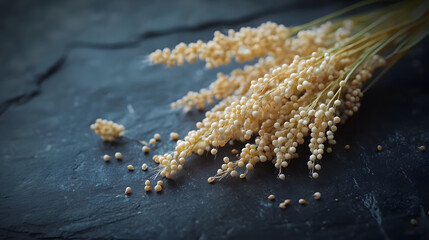 A handful of tiny, cream-colored Amaranth grains placed on a dark surface, highlighting their delicate texture and organic nature.