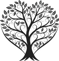 Obraz premium Heart shaped tree, flat color illustration intricate branches, symmetrical design