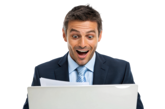 Excitement and joy for success in business represented by a man with documents and a laptop