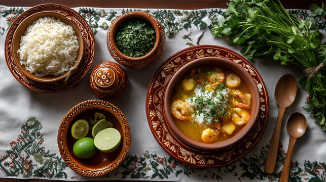 Overhead view of chupe de camarones with visible chunks of cheese, rice, and vegetables, traditional table setup with aj&iacute; and lime on the side