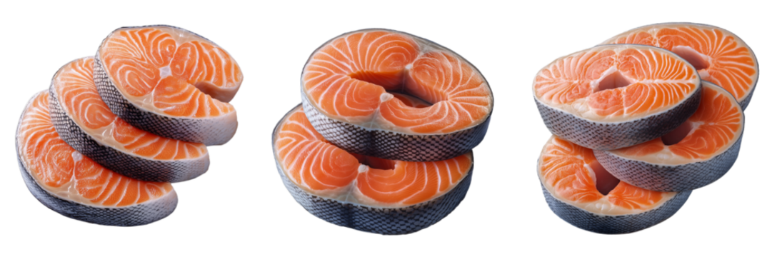 A set of four fresh salmon steaks rotating slowly, isolated on a transparent background