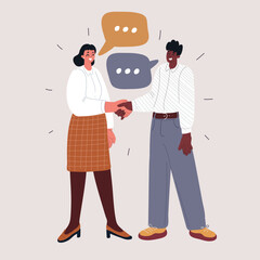 Cartoon vector illustration of a man and woman shaking hands as a symbol of partnership and mutual respect