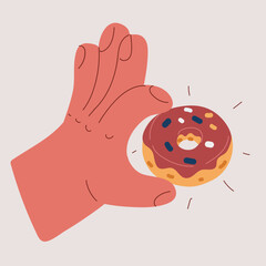 Cartoon vector illustration of a hand holding a donut, symbolizing indulgence and sweet moments of joy