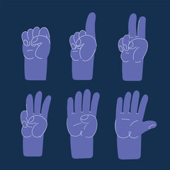 Fototapeta premium Cartoon vector illustration of hands displaying numbers with fingers, symbolizing progress and milestones on the journey to success against dark background