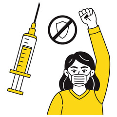 Anti vaccination protest, woman in yellow sweater, face mask, hands up gesture 