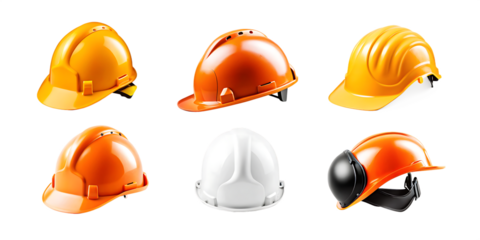 set collection of fireman and hard safety orange or yellow helmet cap hat in different color styles for construction sites isolated on white background PNG