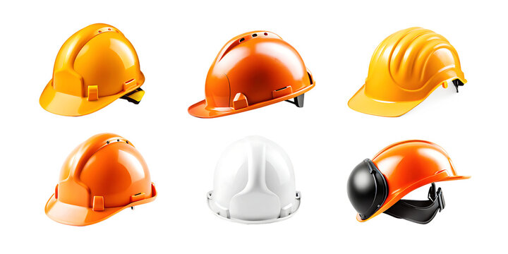 set collection of fireman and hard safety orange or yellow helmet cap hat in different color styles for construction sites isolated on white background PNG
