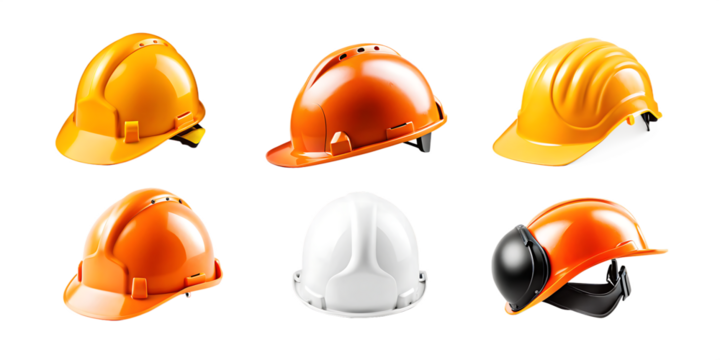 set collection of fireman and hard safety orange or yellow helmet cap hat in different color styles for construction sites isolated on white background PNG