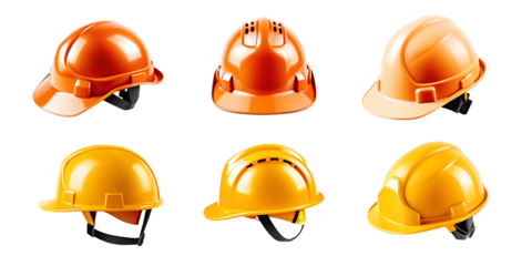 set collection of fireman and hard safety orange or yellow helmet cap hat in different color styles for construction sites isolated on white background PNG