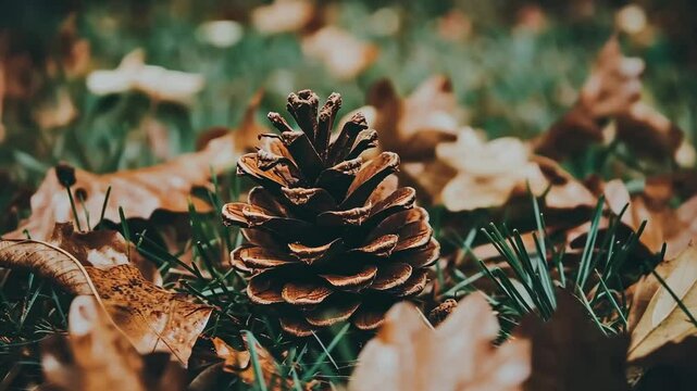 Autumn pinecone on forest floor for seasonal nature background