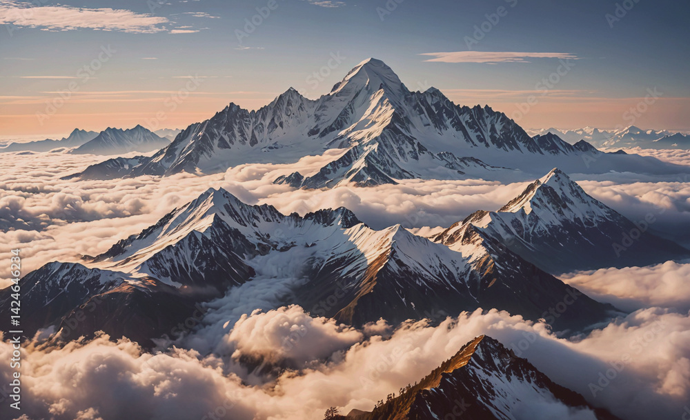Poster the sky is filled with clouds and the mountains are covered in snow. the scene is serene and peacefu