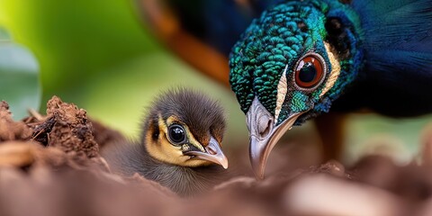 Obraz premium baby peacock with adult 