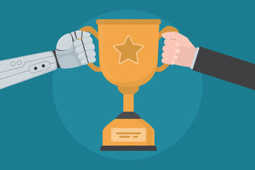 Human and robotic hands holding golden trophy cup. Businessman and robot cooperation, collaboration. First place, goblet. AI skills improvement.