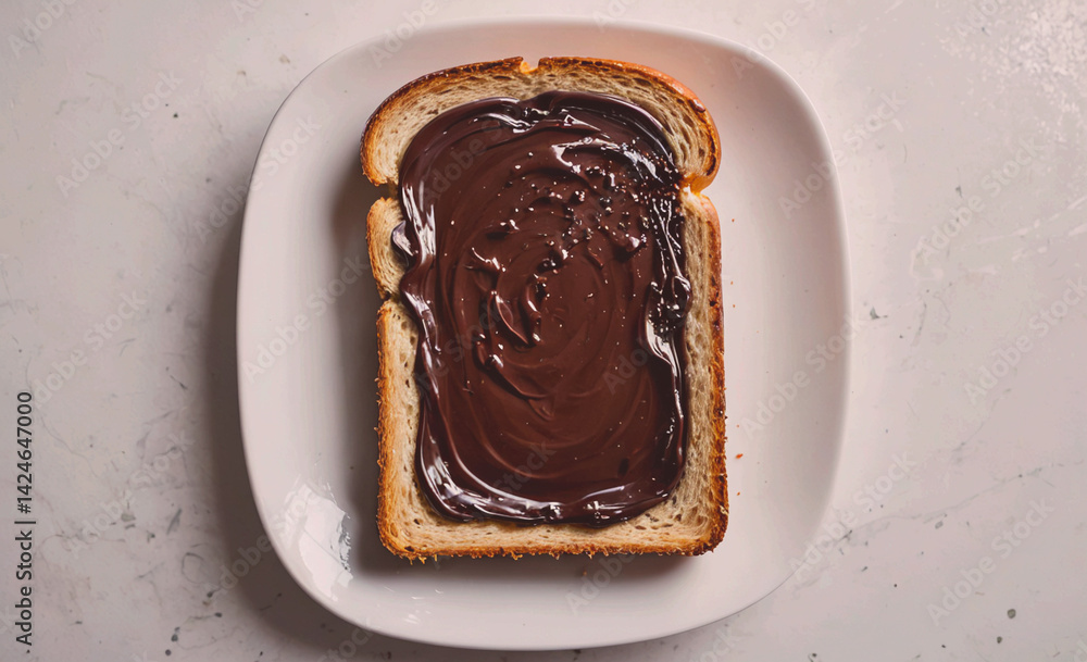 Poster slice of bread with chocolate spread on it. the chocolate is thick and the bread is toasted