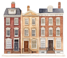 Fototapeta premium PNG Vintage Colonial townhouses architecture illustration watercolor.