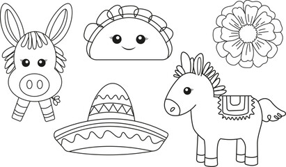 mexican fiesta cinco de mayo clip art set donkey pinata taco sombrero marigold flower outline drawings for kids isolated black lines vector illustrations for design