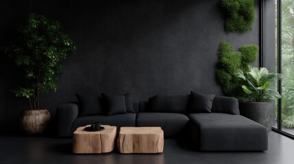 Dark, modern living room with lush greenery accents.  A sophisticated, minimalist space features a dark gray sectional sofa,  wooden coffee tables,