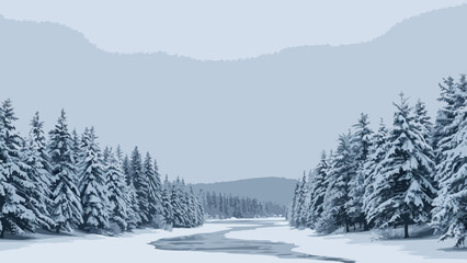 Fototapeta premium Snowy forest with river
