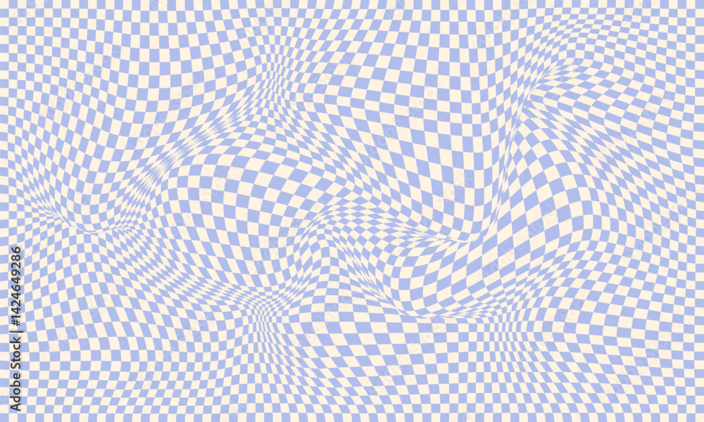 Poster groovy checker seamless pattern, wavy abstract retro checkerboard background. trippy wave board geom