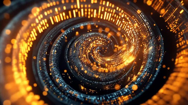 Abstract spiral of binary code in a dark background; symbolizing the flow of information, data, and tech advancements.