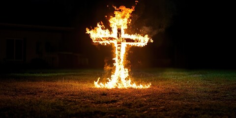 burning cross in yard - racism and segregation concept