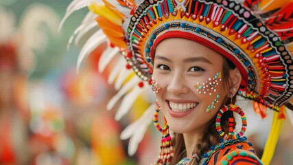 A woman radiates warmth and joy in a stunning national ethnic costume, her bright headdress reflecting her rich cultural heritage. She smiles, embodying happiness and pride in her roots.