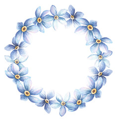 Blue flowers forget-me-not blossom wreath. Cute floral spring circle frame with myosotis in bloom. Perfect frame for botanical wedding arrangement, seasonal greeting card, retro love card, postcard