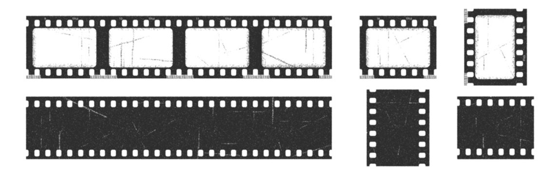 Trendy film strip frame templates set with empty slots, cinema reel with grunge grain noisy texture and scratches, vintage aesthetic design. Modern retro vector illustration on transparent background