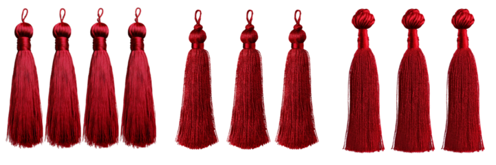 A set of four luxurious red tassels with silky threads, positioned on a transparent background