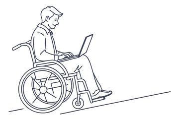 Laptop Work by Disabled Man Line Art