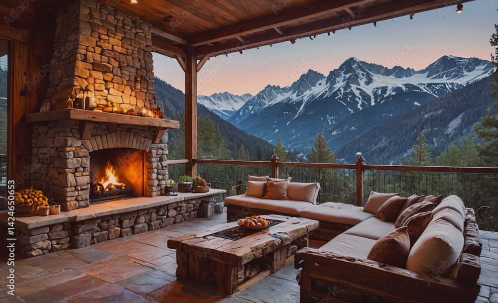 Aufkleber cozy living room with a fireplace and a view of mountains. the fireplace is lit, and there are sever