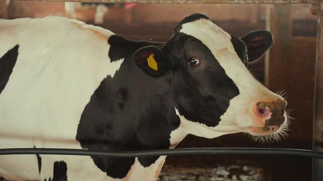 Close-up of a Holstein cow inside the dairy farm