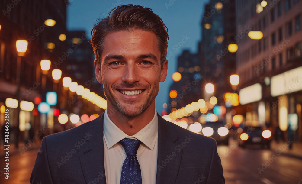 Poster man in a suit and tie is smiling in front of a city street. concept of confidence and professionalis