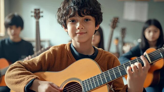 Young caucasian boy playing guitar in music class ensemble