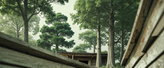 Tranquil outdoor scene with green trees and wooden structure