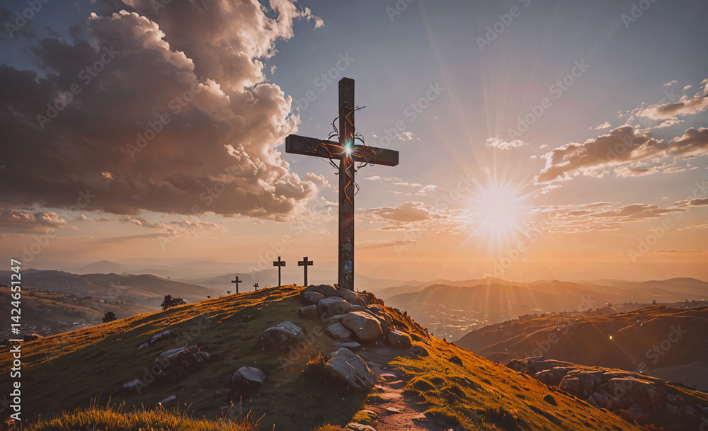 Poster cross is on a hill with a beautiful sunset in the background. the sun is shining brightly on the cro
