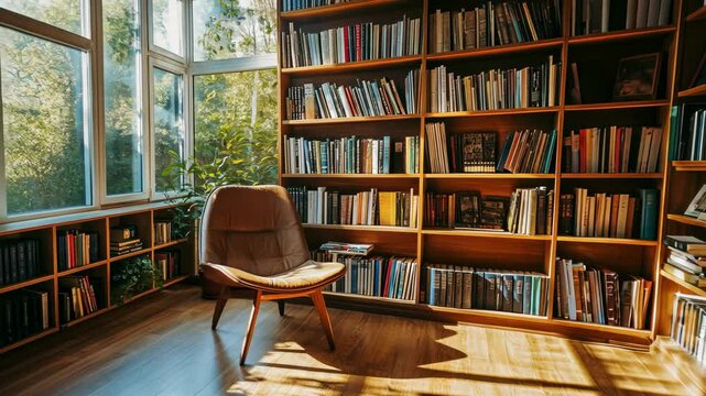 Cozy sunlit reading nook in modern home library