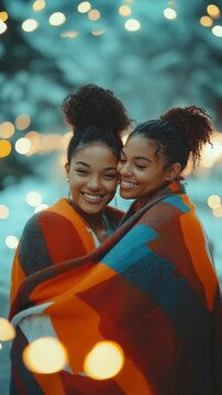 LGBTQ brunette women wrapped in a colorful blanket, sharing warmth in a snowy cold environment with warm lights
