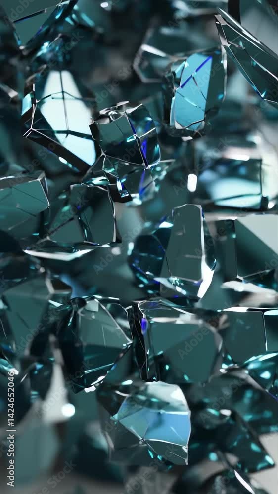 Poster close-up view of shattered teal glass fragments with reflective surfaces, showcasing intricate detai