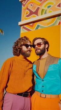 gay couple posing confidently in retro vintage attire and sunglasses, warm-toned color palette