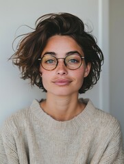 Fototapeta premium Realistic professional portrait of a young woman in glasses, tech casual clothing, calm smile, soft neutral background, natural light, copy space