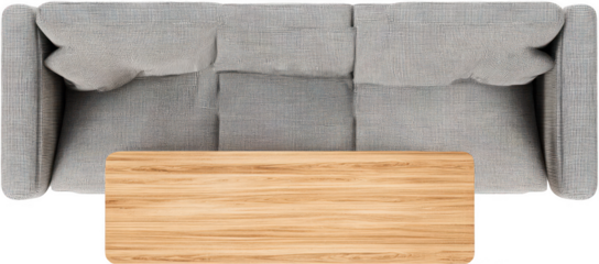 Top view of a light gray fabric sofa with armrests and a wooden coffee table, isolated on a white background, png