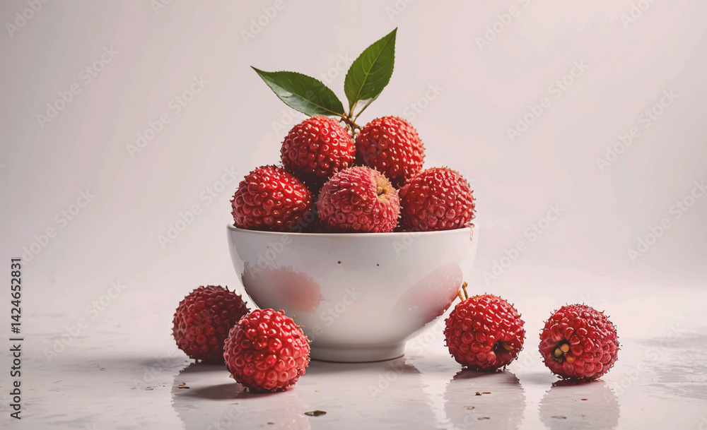 Poster bowl of red limes with a leaf on top. the bowl is white and the limes are arranged in a way that the