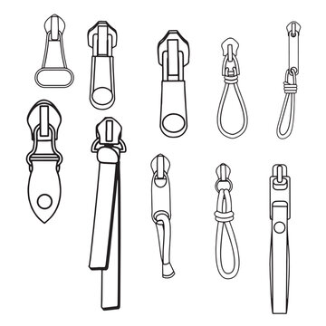 Zipper puller types in vector art  Zipper puller design outline art