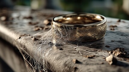 Forgotten golden ring with dust and cobwebs on stone surface as visual metaphor of a departed vow and the fading chapter of a spiritual reign