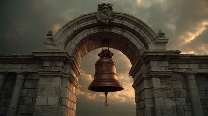 Obraz premium Large ceremonial bell hanging under a stone arch at dusk with ominous clouds, representing closure, ritual and ecclesiastical transitions, ideal for symbolic visuals of religious legacy